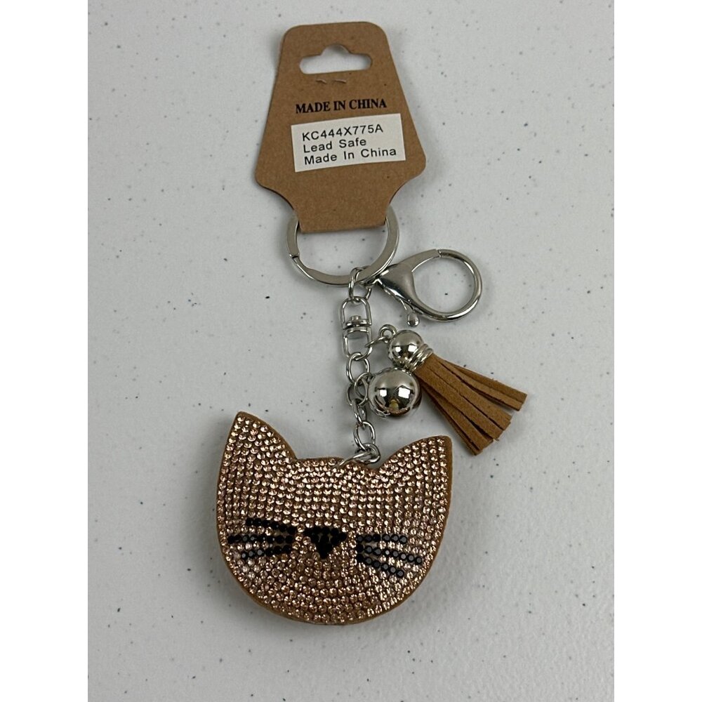 Cute Cat Keychain With Tassel & Bling In Brown & Silver Lead Safe